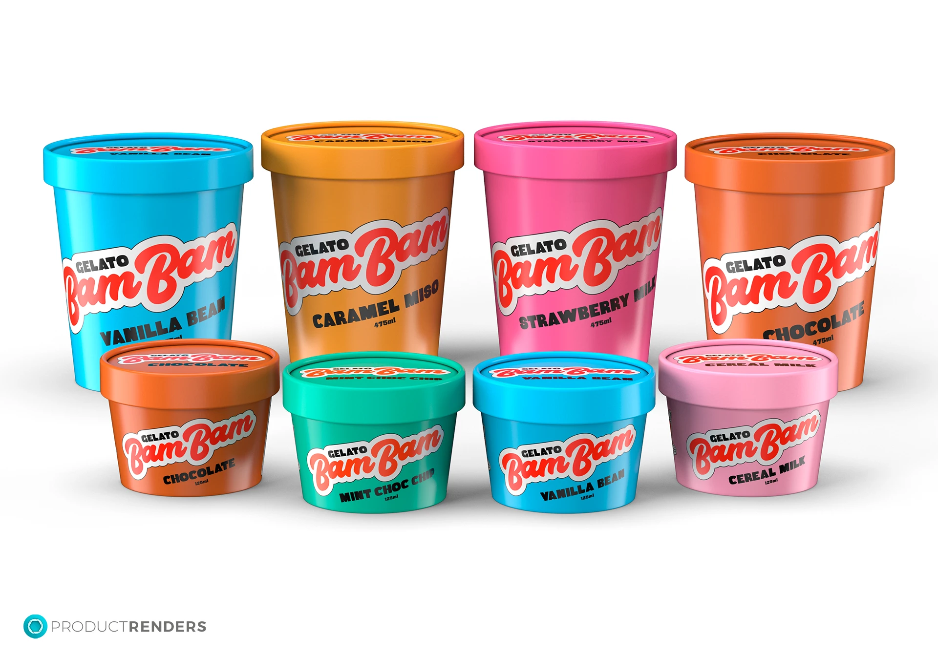 Eight small tubs of Bam Bam Gelato in different colours with various flavours.