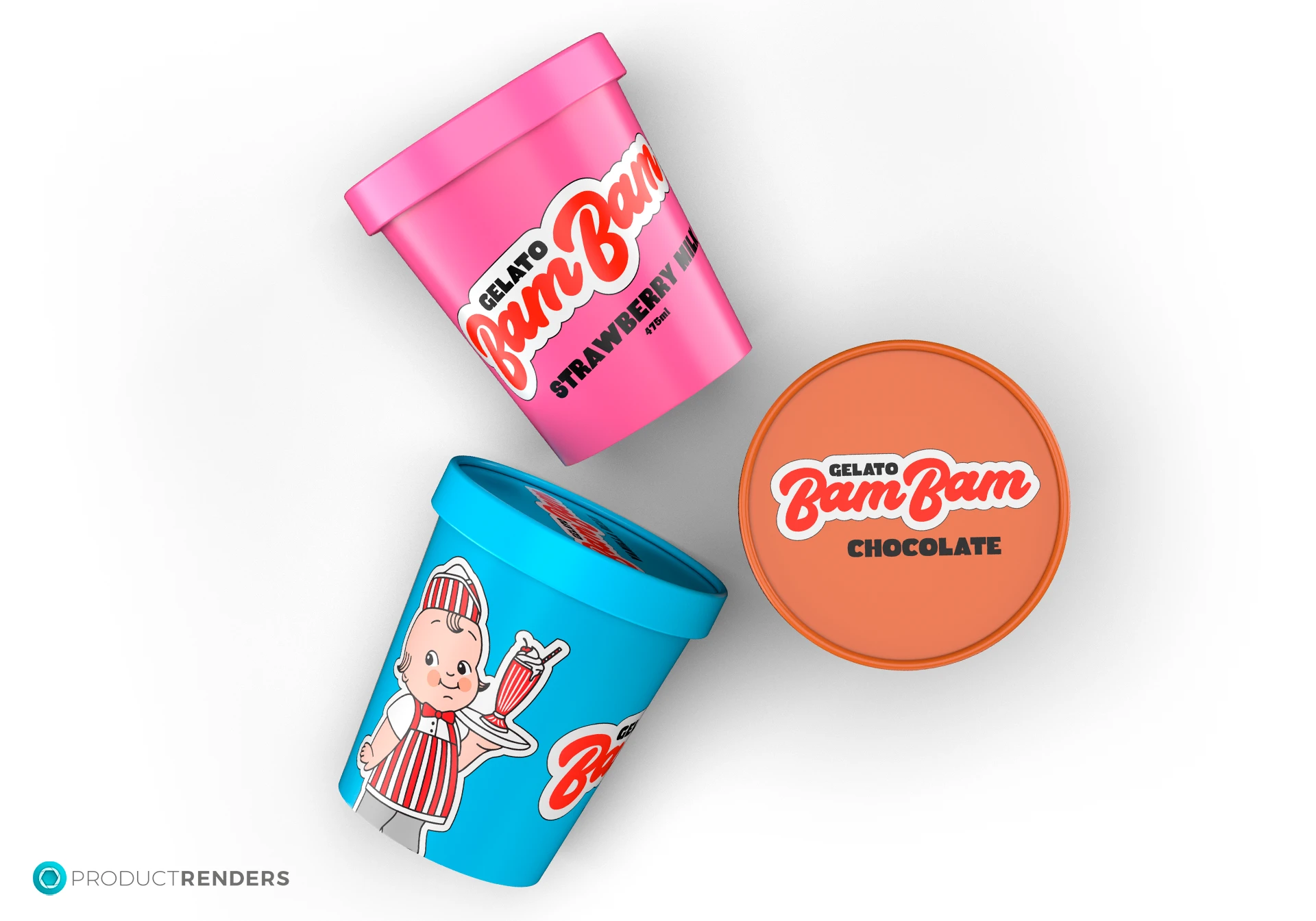 Three small tubs of Bam Bam Gelato in different colours. One is strawberry, one is chocolate, and one is chocolate chip.