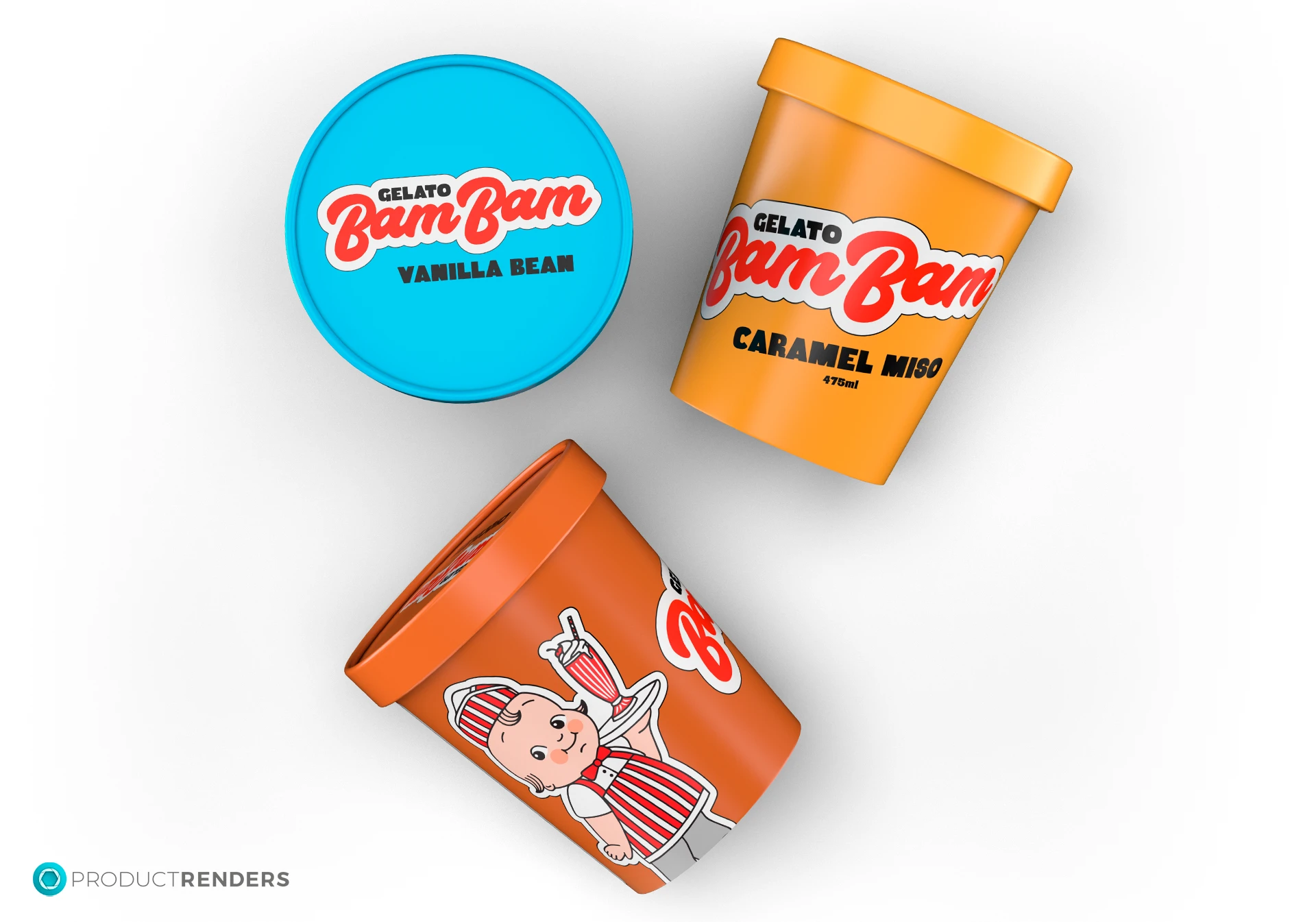 Three small tubs of Bam Bam Gelato in different colours. One is vanilla bean, one is caramel miso, and one is chocolate chip.