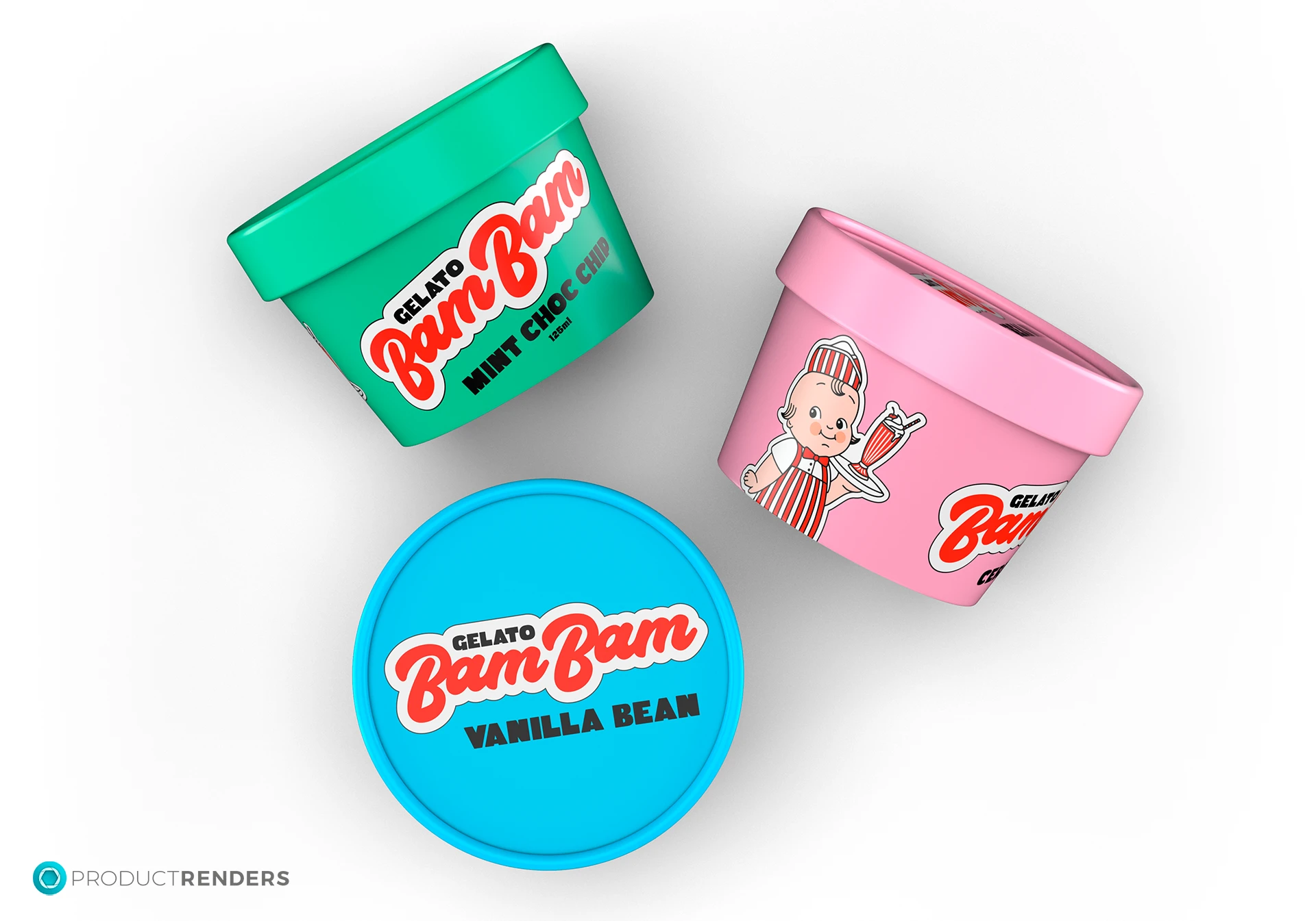 Three small tubs of Bam Bam Gelato in different colours. One is mint choc chip, one is vanilla bean, and one is chocolate chip.
