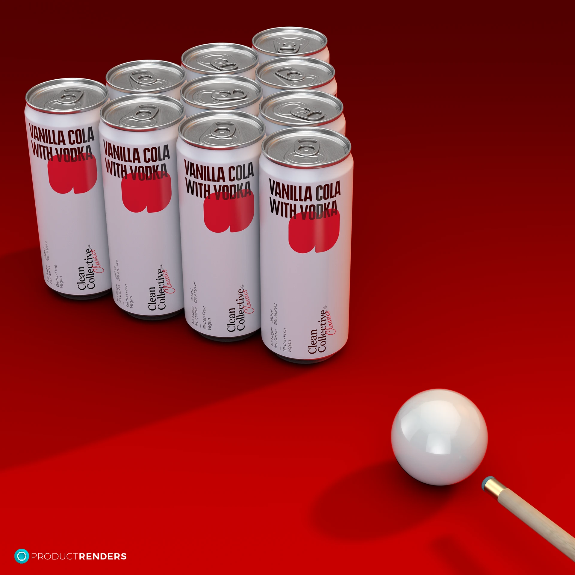 Ten cans of CleanCollective's Vanilla Cola with Vodka Classics 250mL cans in the shape of a snooker triangle with a snooker ball and cue.