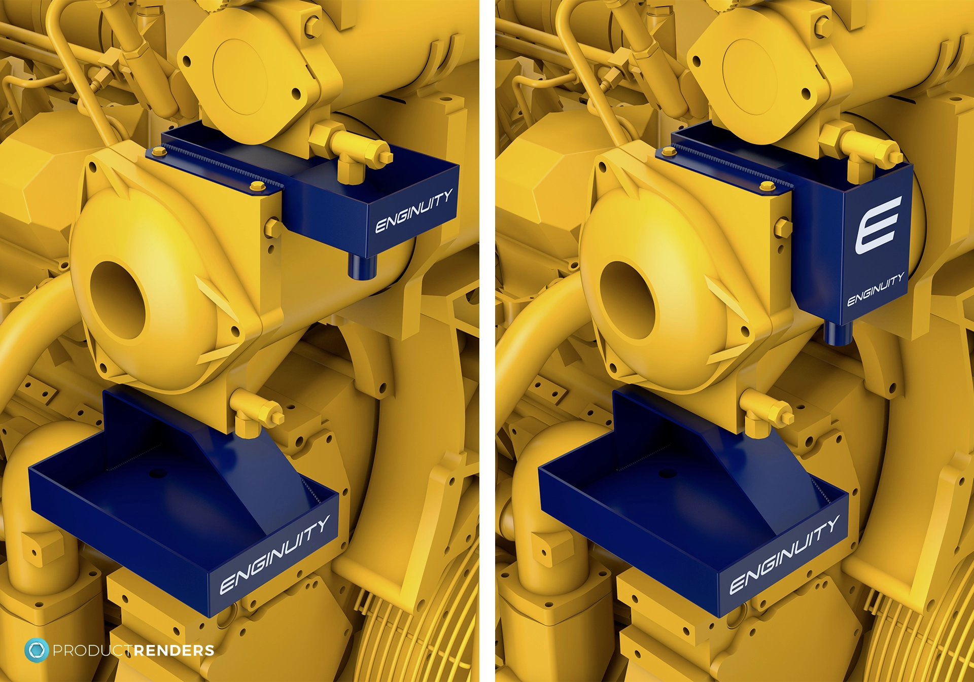 Insitu 3D renders of the ENGINUITY Custom Drip Trays for CAT3500 Series.