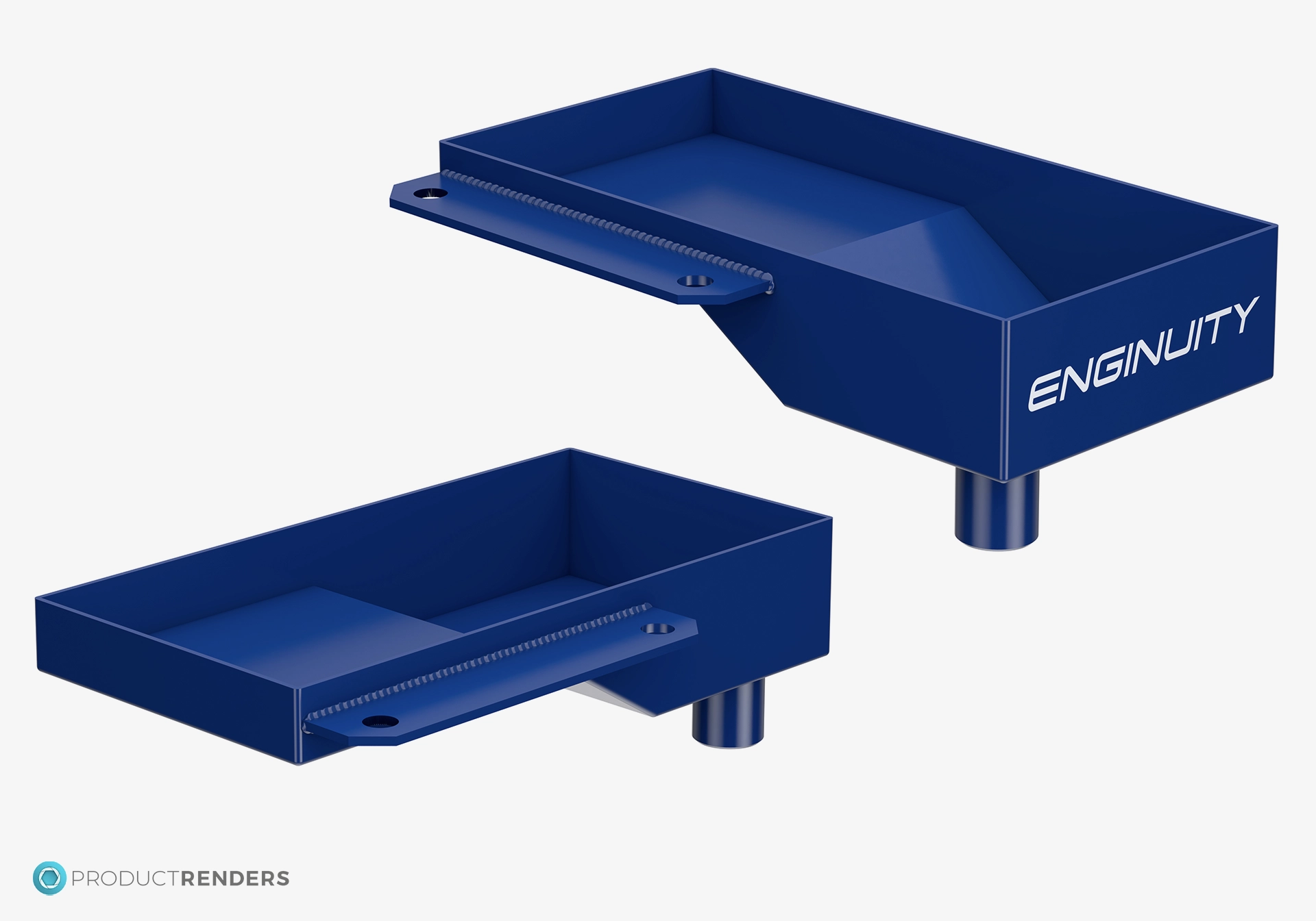 3D renders of the ENGINUITY Custom Drip Trays for CAT3500 Series - Front & back angles.