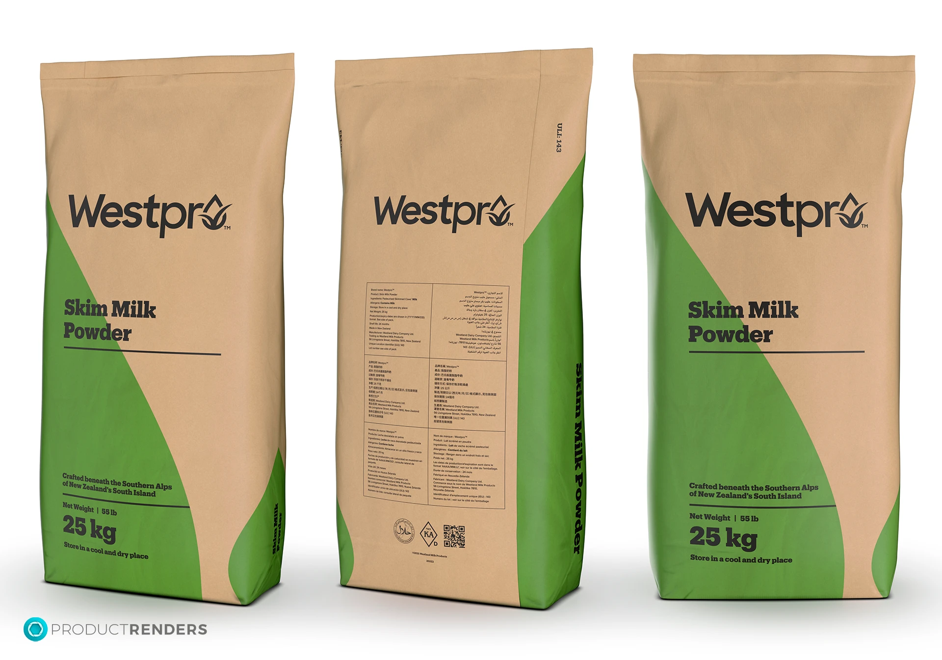3x 3D renders of the Westpro Skimmed Milk Powder bags from three different angles