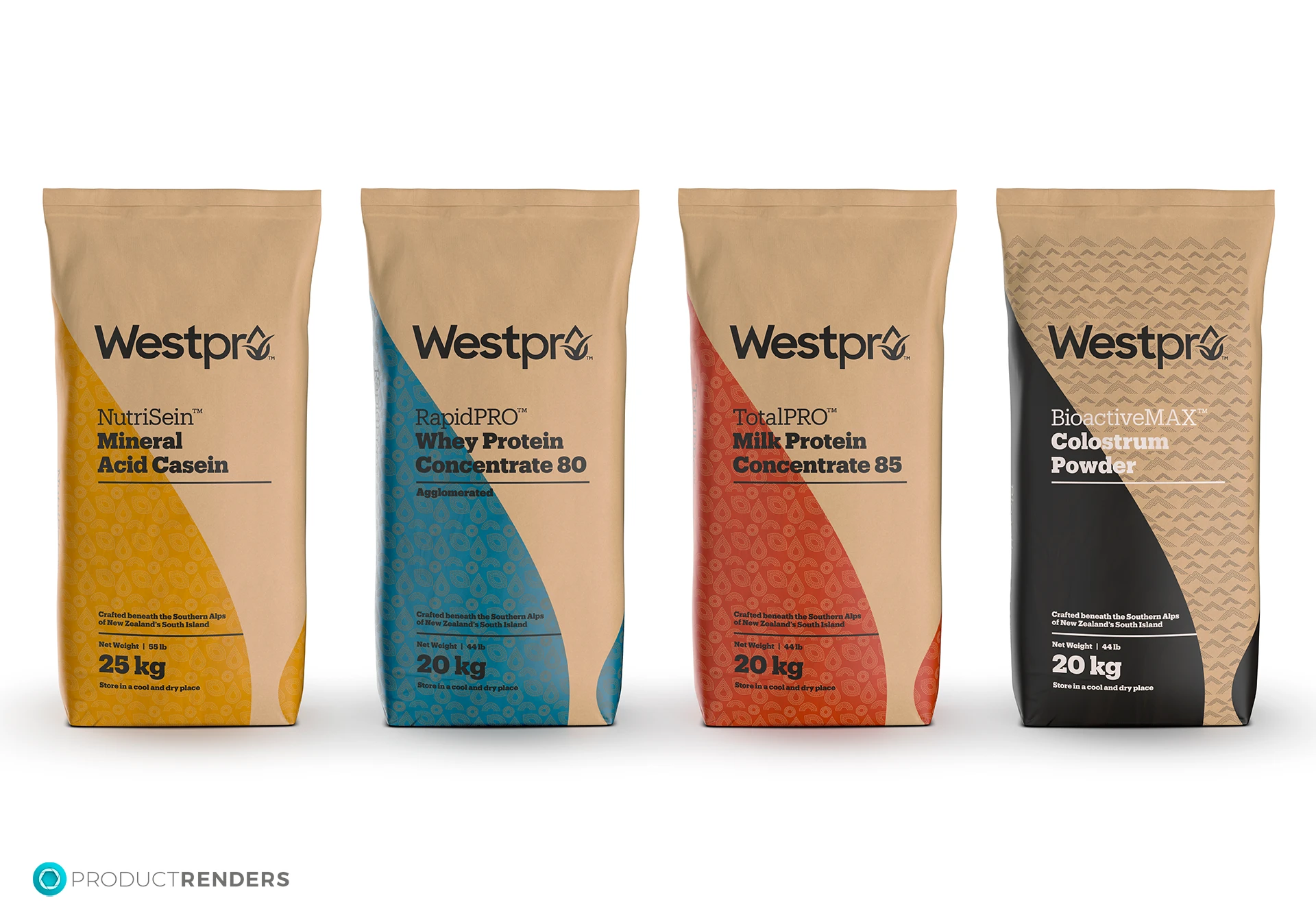 4x Front of pack 3D renders of the Westpro Milk Powder range